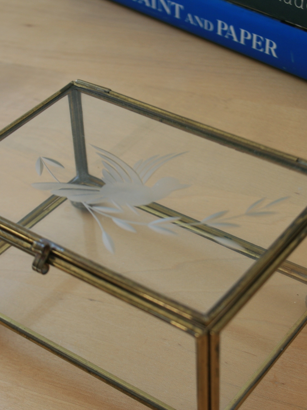 Etched Glass Trinket Jewelry Box with Brass Frame